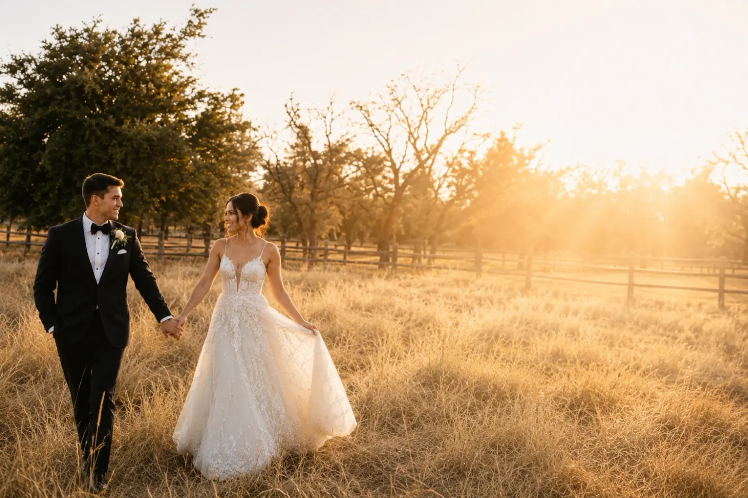 Bride and groom holding hands at golden hour in a Hill Country pasture, the sun flaring over a ranch fence and live oaks